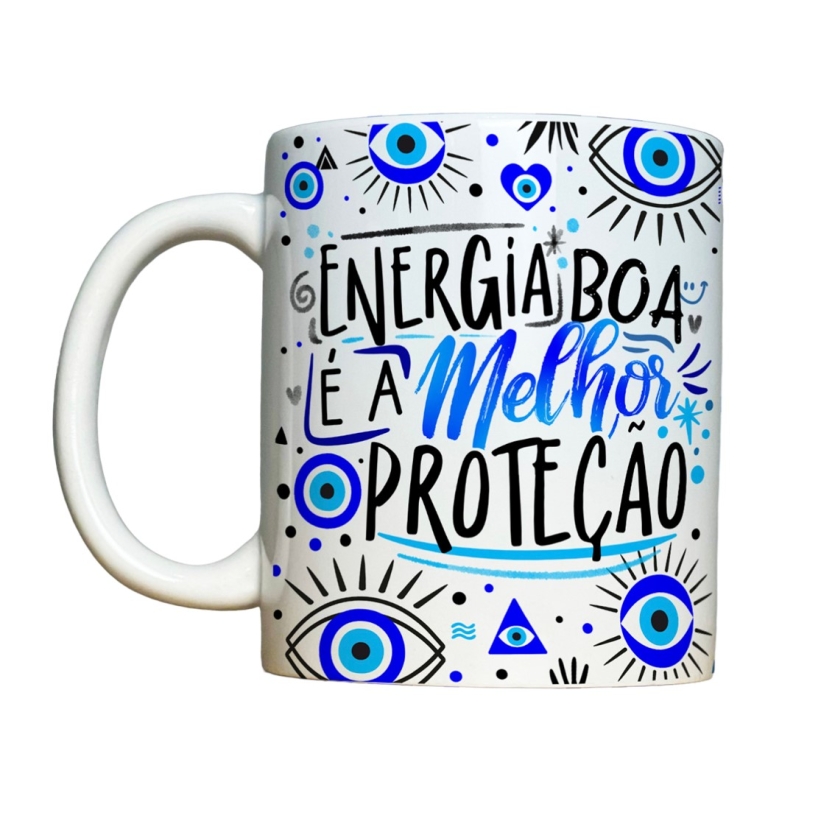 Caneca 325ml Olho Grego Energia boa é a melhor proteção