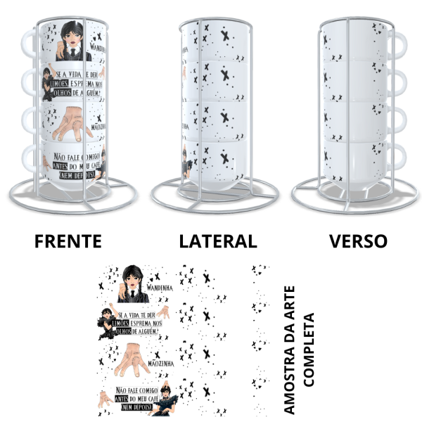 Kit 4 Xícaras Wandinha Addams Café 150ml C/ Suporte Metal