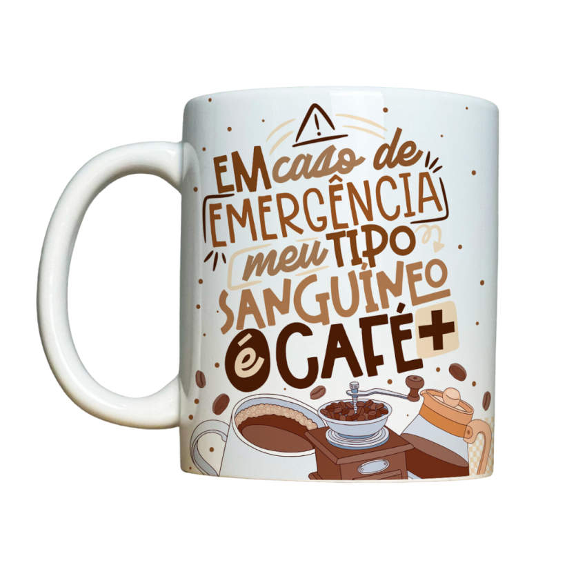 Caneca 325ml Vibes Em caso de emergência meu tipo sanguíneo