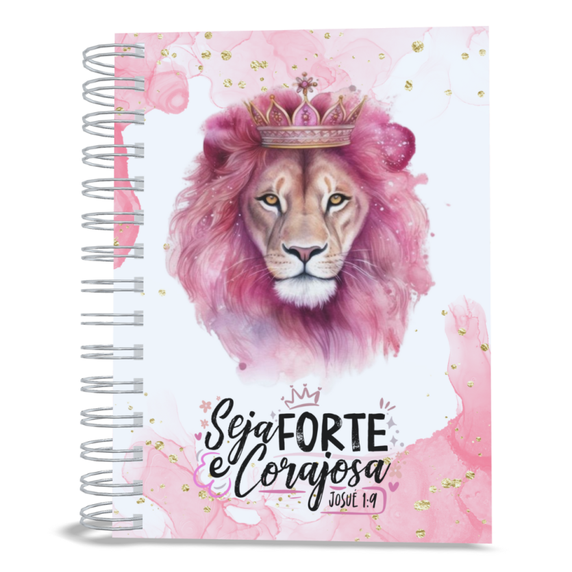 Caderno P Capa MDF Leão Rosa Seja forte e corajosa 100F