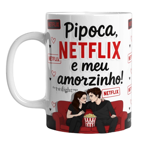 Caneca 325ml Namorados Personagens Netflix, pipoca e você