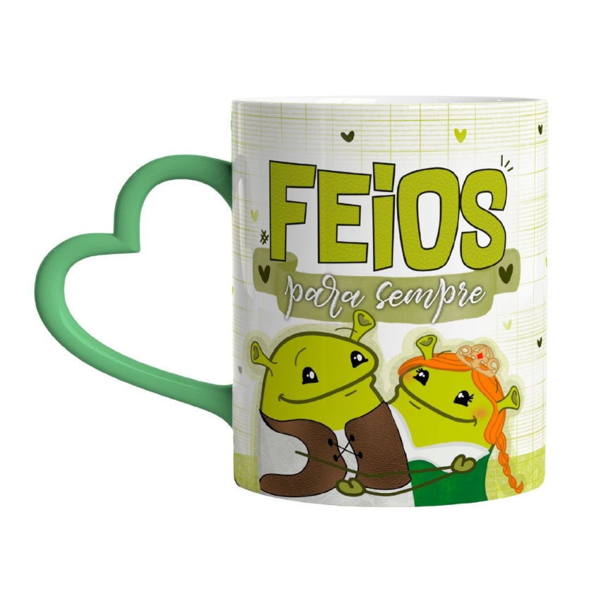 Caneca 325ml Alça Coração Shrek Fiona Feios para sempre Namo