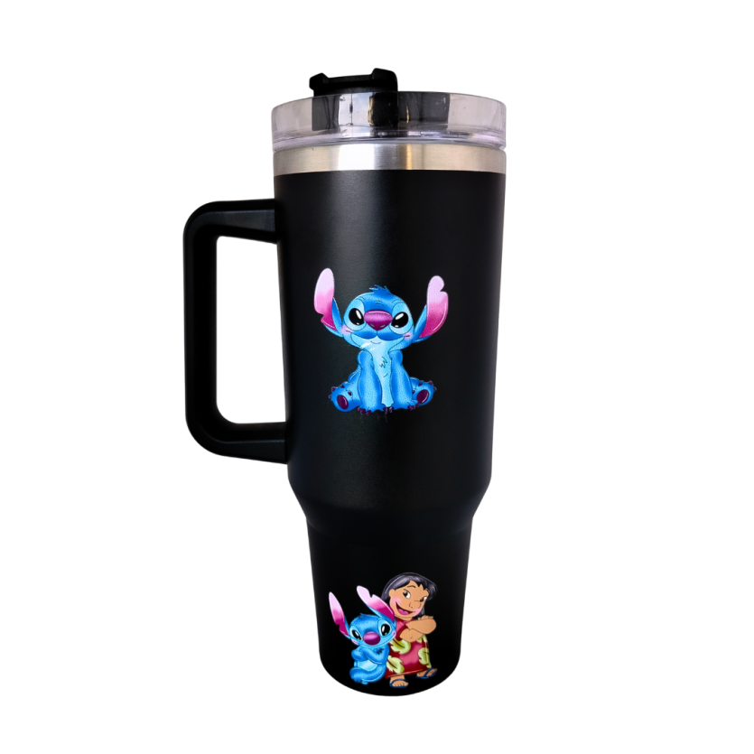 Lilo & Stitch Copo Térmico Inox Preto 1,2L com Tampa Canudo