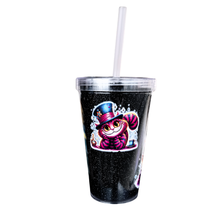 Copo Acrílico 500ml com Canudo Aline no País das Maravilhas