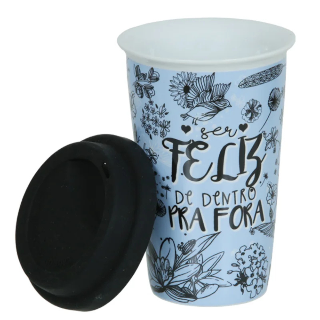 Copo Cerâmica Azul 300ml c/ Tampa Silicone – Ser Feliz - Image 2