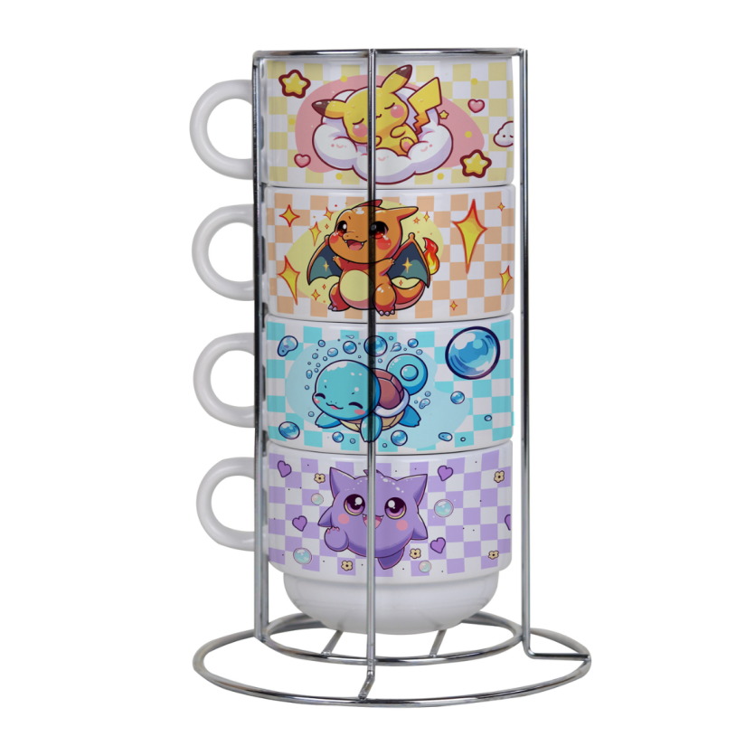 Kit 4 Xícaras 150ml C/ Suporte Metal Pokémon Johto