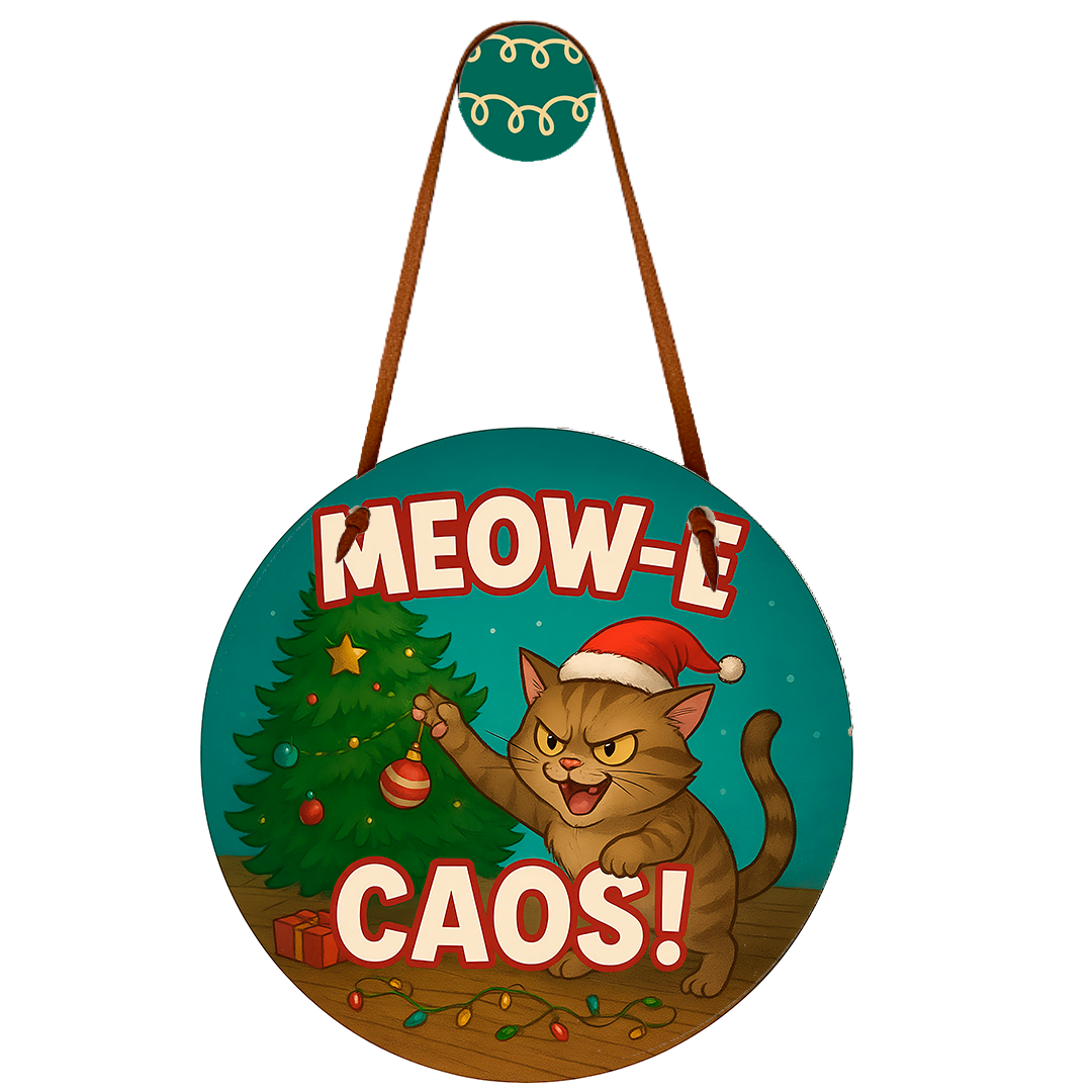 Placa de Porta Pendurável Gato Natal Decoração Meow E Caos!