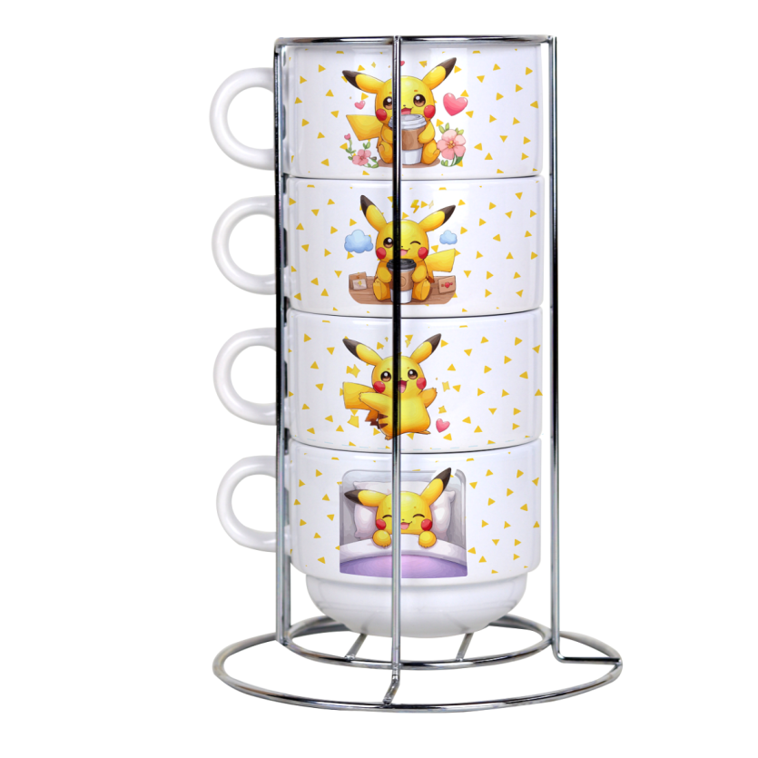 Kit 4 Xícaras 150ml C/ Suporte Metal Pokémon Pikachu